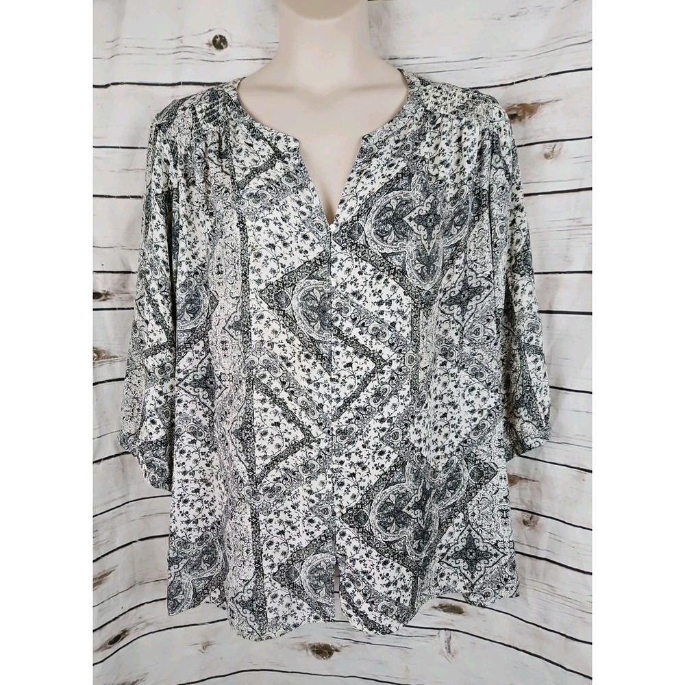 Rose & Olive Black White Floral Peasant Top Womens 3X Boho Cottagecore Smocked